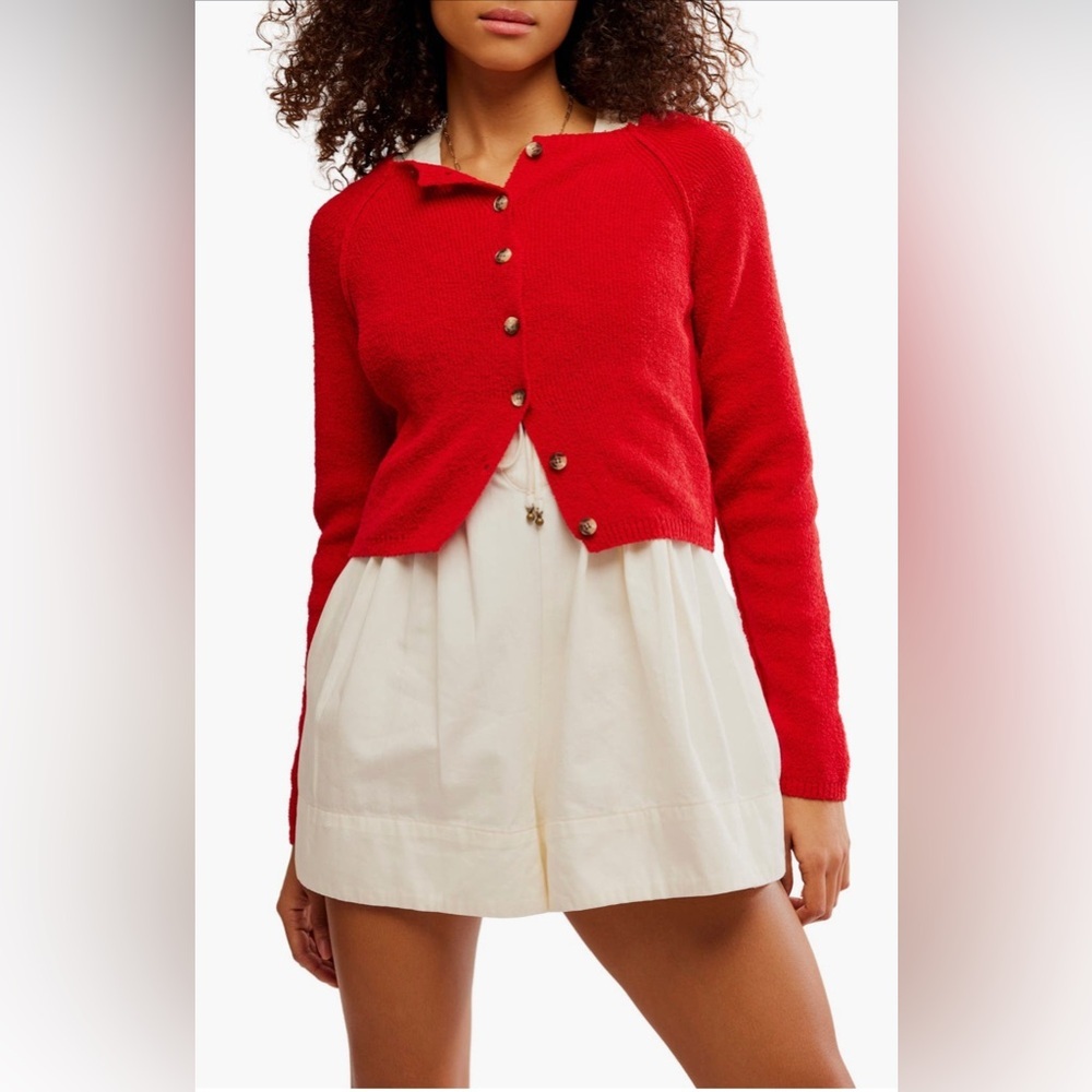Free People Red Button-Up Cropped Cardigan